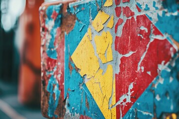 Close-up of a weathered sign with peeling red, yellow, and blue paint showing age and decay.