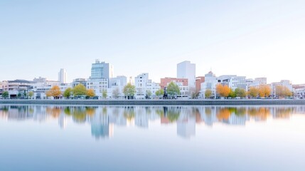 Fototapeta premium Calm city skyline reflected in a still river