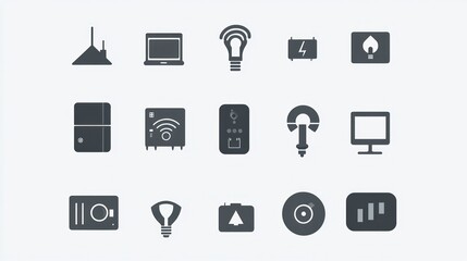 Set of simple gray icons of electrical devices on plain white background, for tech usage