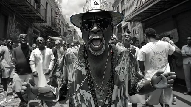 Crowded urban street scene with expressive people.