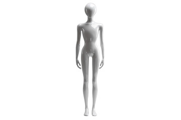 Glossy white minimalist mannequin standing upright, smooth surface reflecting light, with elegant and slender proportions, isolated on a transparent background