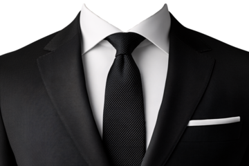Formal black tuxedo with crisp white shirt and black textured tie, classic and refined masculine elegance, isolated on a transparent background