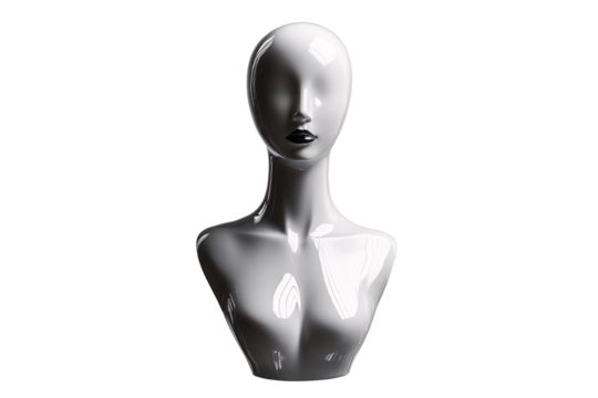Glossy white and black mannequin bust with minimal features, shiny surface reflecting bright, soft lighting, isolated on a transparent background