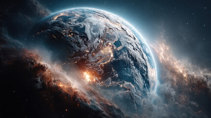 Obraz premium Close-up view of Earth surrounded by an ethereal glow, showcasing vibrant colors and cosmic elements, merging nature with the mysterious unknown