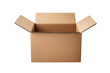 Front view of an open brown cardboard box on a  in studio shot transparent background png