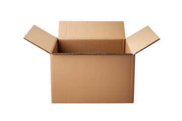 Front view of an open brown cardboard box on a  in studio shot transparent background png