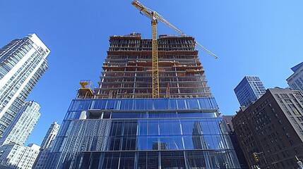 Fototapeta premium Glass clad skyscraper under construction with crane against clear blue sky