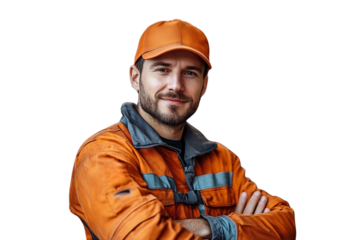Man in bright orange reflective uniform and cap, crossing arms, giving a confident and friendly smile, isolated on a transparent background
