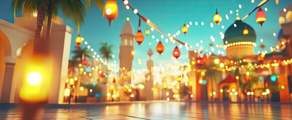 Illuminated marketplace streets at twilight.