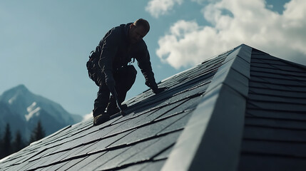 Roofing Contractor Installing Shingles on a Sloped Roof