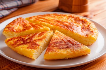 Potato tortilla has been expertly prepared and cut into wedges, showcasing a golden-brown exterior and soft interior. This dish is ideal for sharing during a relaxed gathering