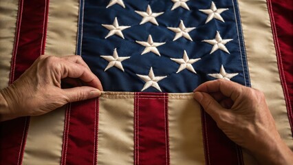 Hands repairing a vintage American flag, showcasing craftsmanship and patriotism, with stars and stripes prominently displayed.