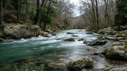 Dynamic long exposure captures the flowing motion of a river as it rushes over rocks in a wooded landscape