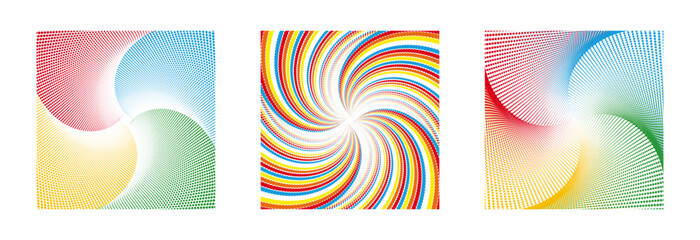 Vibrant halftone spirals, groovy retro swirl burst, colorful abstract halftone dot patterns in motion.