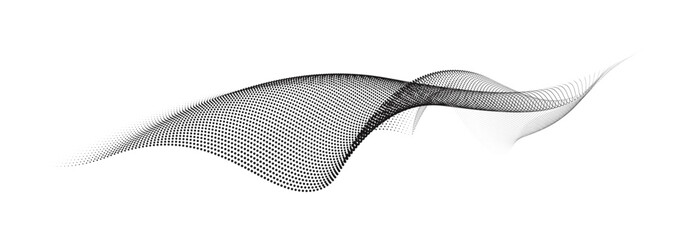An abstract vector illustration, dynamic particle waves in a halftone gradient, forming a flowing dot curve against a white backdrop, embodying technology, sound, music, and modern aesthetics.