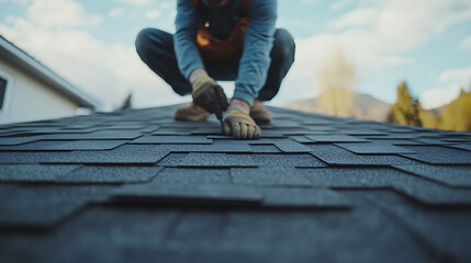 Roofing Contractor Installing Shingles on a Residential Roof