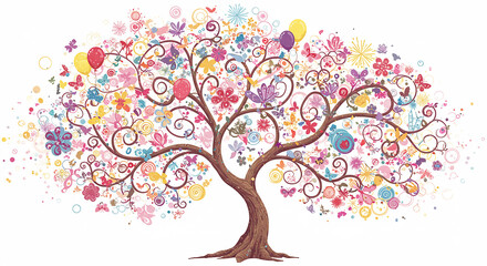 Fototapeta premium Whimsical Colorful Floral Tree Birthday Celebration Spring Fantasy Nature Art