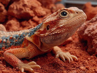 Obraz premium Close-up of a reptile-like creature basking in sunlight on Mars, surrounded by orange-red dust, a symbol of resilience and adaptability in an alien environment