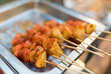 Raw chicken and pork in skewers for preparing barbecue in the backyard