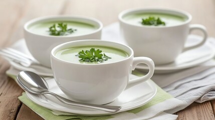 Creamy green soup, served in cups, wooden table, linen napkin, healthy food