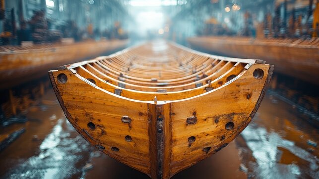 A close-up view of a wooden boat hull in a shipyard with tools and machinery in the background