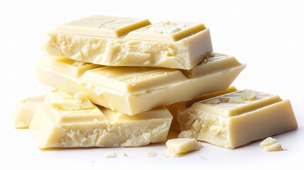 Stacked Pieces of Creamy White Chocolate Isolated on White Background