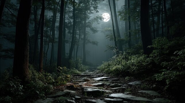 Moonlit forest path enchanted woods photograph nighttime perspective mystical journey