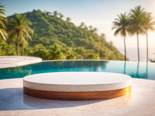 Obraz premium Luxurious Round Podium by Infinity Pool in Tropical Paradise