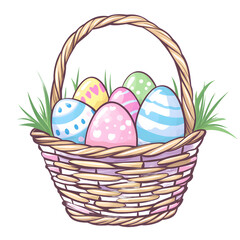 Wicker basket filled with decorated easter eggs and grass illustration.