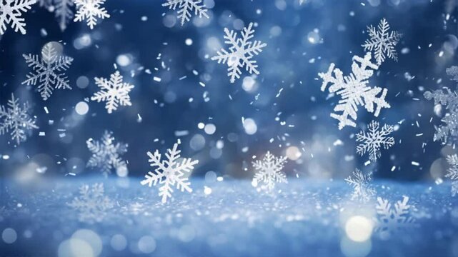 A serene winter scene featuring falling snowflakes on a sparkling blue background, creating a magical atmosphere.