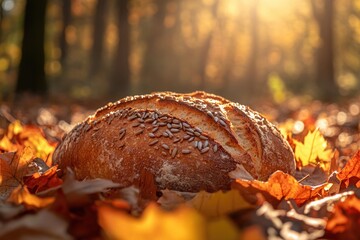 Sunlit sourdough bread rests on autumn leaves in a forest, bathed in golden hour light.