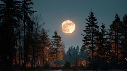 Full moon rising over quiet forest night photography natural landscape serene environment elevated viewpoint celestial beauty