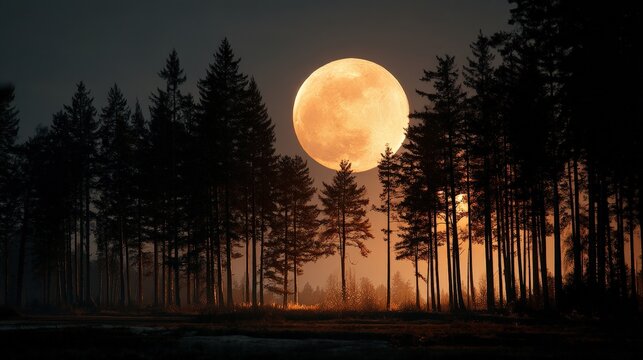 Moonlit night forest photograph twilight aesthetic view glowing moon behind tall pines