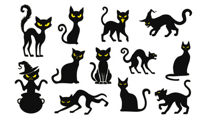 Scary Halloween cat with yellow eyes silhouette set. Cartoon black cat