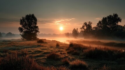 Golden sunrise over misty meadow landscape photography natural environment aerial view serene atmosphere