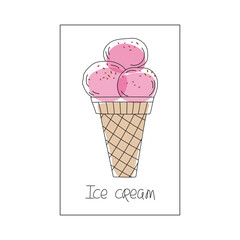 Ice cream poster, handwritten lettering. Logo waffle cone ice cream cone logo.  Doodle, line icon.  Illustration for design poster, banner, menu, bar, cafe, recipes, restaurant.