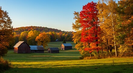 Obraz premium Rural Autumn: Farm Buildings in Golden Light Under Colorful Trees