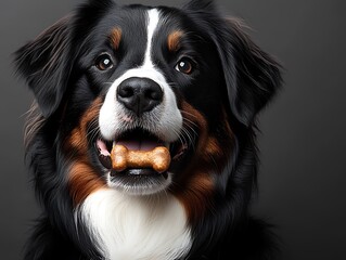 Happy tri-colored dog holds treat