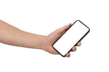 Caucasian Male hand holding smartphone with blank screen, PNG isolated on transparent background