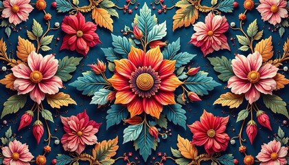 Intricate floral textile design, repeating motif, bloom, design