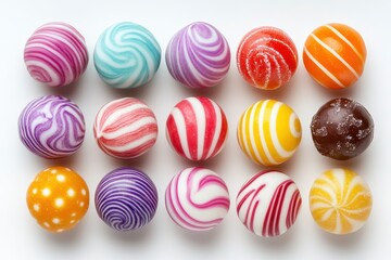 Colorful spherical candies create a vibrant display on a white background, inviting joy and sweetness to any occasion or celebration