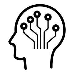 Profile outline of a head containing a circuit board pattern. Symbolizing artificial intelligence, neural networks, and technological connections within the mind. Black and white graphic