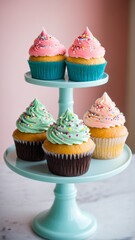 A Tiered Delight: Pastel Cupcakes Adorned with Sprinkles, Offering a Sweet Visual Treat in Shades of Pink, Green, and Light Brown.