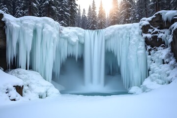 Frozen waterfall in midwinter, icicles and snow piled up at its base in a pine valley.
