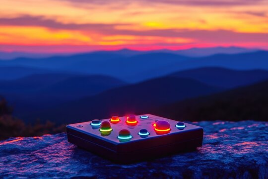 A glowing control panel sits atop a mountain, overlooking a breathtaking sunset over a vast, layered mountain range.