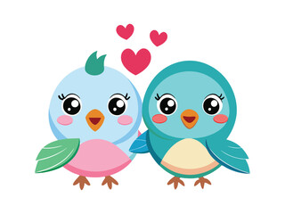 Cute cartoon Bird couple in nature, a funny animal vector illustration with a heart for a baby bird design