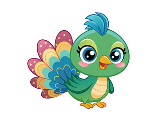 A cute, funny baby  peacock cartoon vector illustration of a blue bird character with a beak, wing, and feather, perfect for fun animal art or a Twitter icon