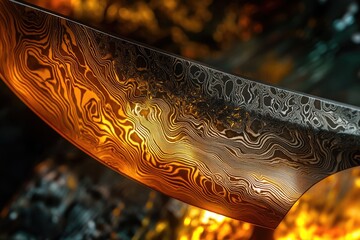 Close-up of a damascus steel blade, showcasing its intricate swirling pattern, illuminated by warm light. © Harsha