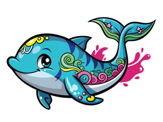 Cute cartoon dolphin, a marine mammal, swimming in the blue sea, an aquatic animal illustration