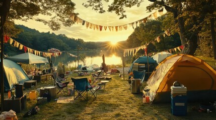Campsite at Sunrise by Lake